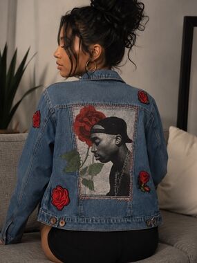 Y2k 2Pac Denim Jacket with Roses